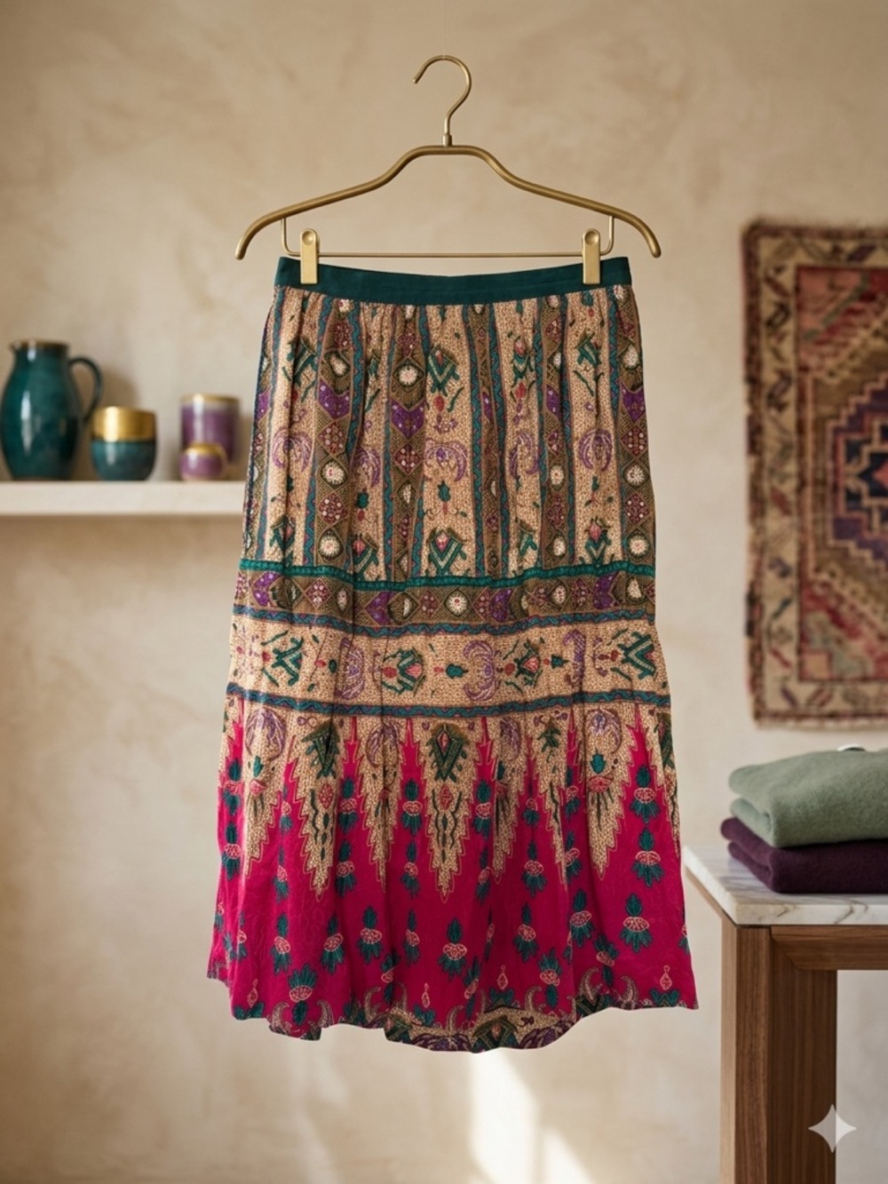 100% Silk Boho Midi Skirt in Pink and Teal
